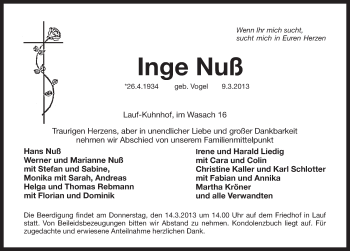 Traueranzeige von Inge Nuß von Pegnitz-Zeitung